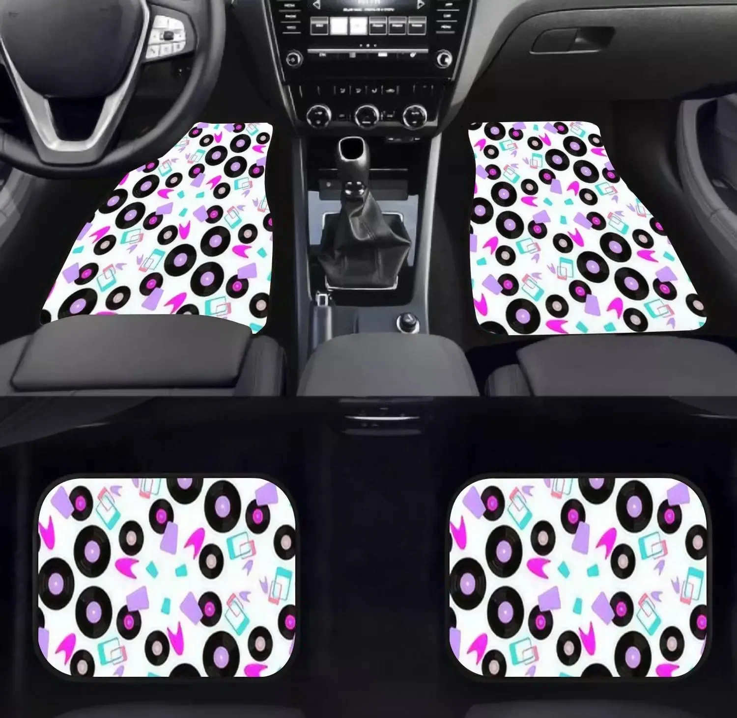 Car Floor Mats - Seamless Vinyl Records Geometric Shapes Naive Style 1950s Vintage Carpet Floor Mats for Cars, Anti Slip Rubber