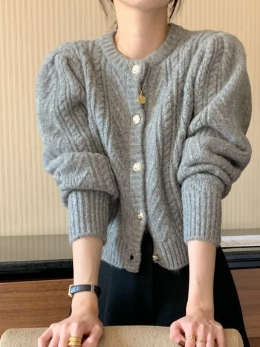 

Chic Soft Sweet Knitted Open Cardigan Women's Vintage Twist Sweetness Design Sweater Jacket Loose Fit Splicing Thickened Winter