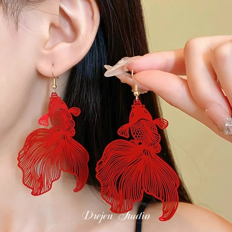 

Red Carp Koi Ear Hook Retro Fashion high-end Ear Ring Unique Design Chinese Style Ear Accessories Women Ear Accessories