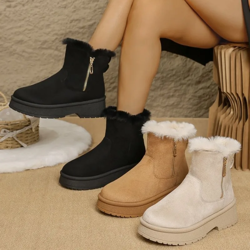 

Winter new thick soled and plush thick snow boots for women, side zipper warm towels, short boots, cotton shoes