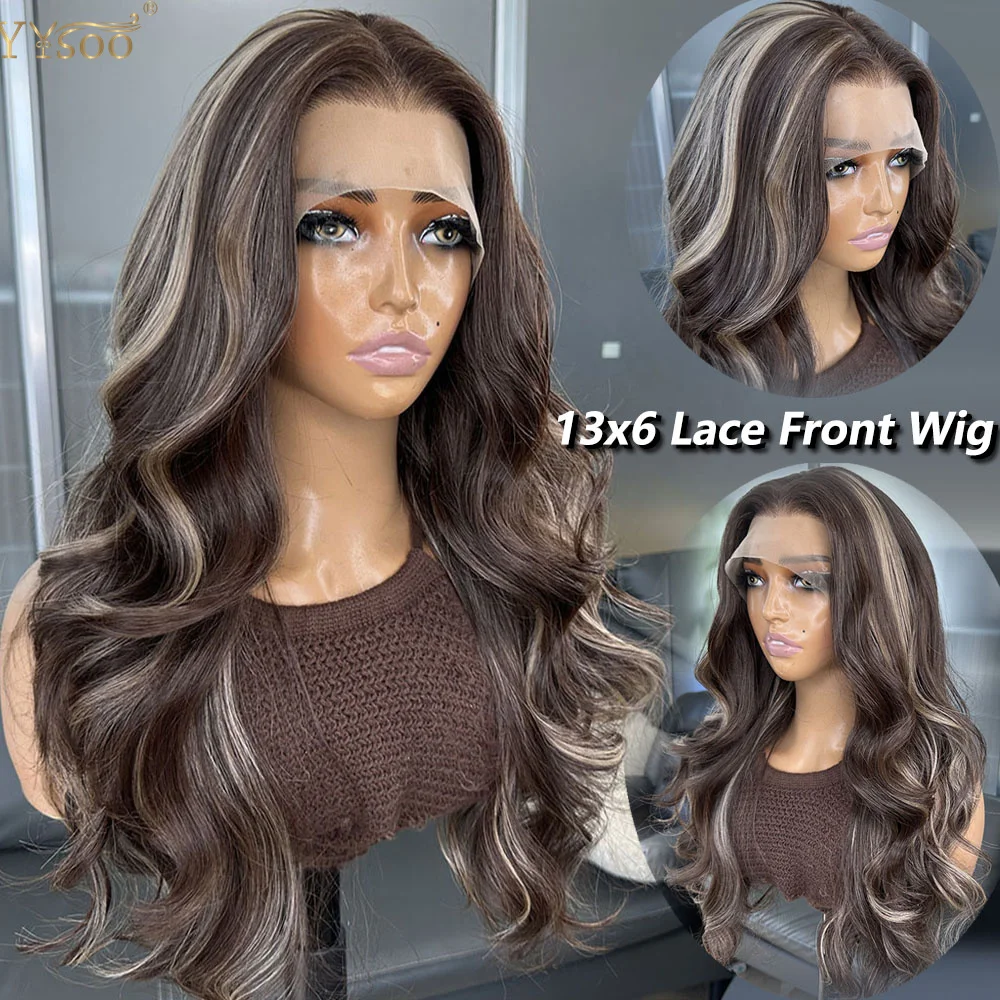 

Glueless 13x4 Synthetic Lace Front Wig Highlight Brown Hair Half Hand Tied Wig Heat Resistant Body Wave Wigs for Black Women