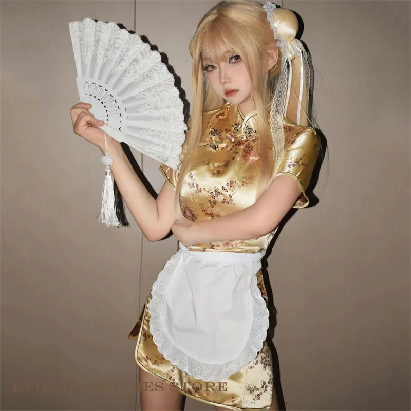 Traditional Chinese Dress Plus Size Female Qipao Vintage Classic Mandarin Collar Cheongsam Sexy Y2K Vestidos Lolita Maid Outfit
