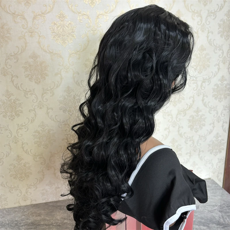 Peruca frontal de renda sintética preta macia para mulheres, pêlos longos do corpo, cabelo ondulado, fibra resistente ao calor, Glueless, uso