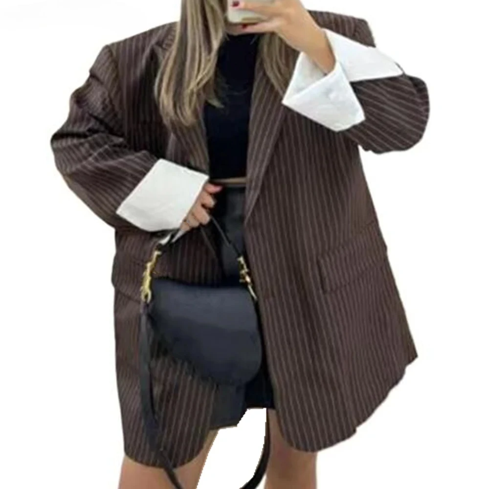 

2025 Chill Brown Striped Roll Up Cuff Long Sleeve Blazer Boyfriend Vintage Women Notched Collar Loose Suit Fashion Oversize Coat