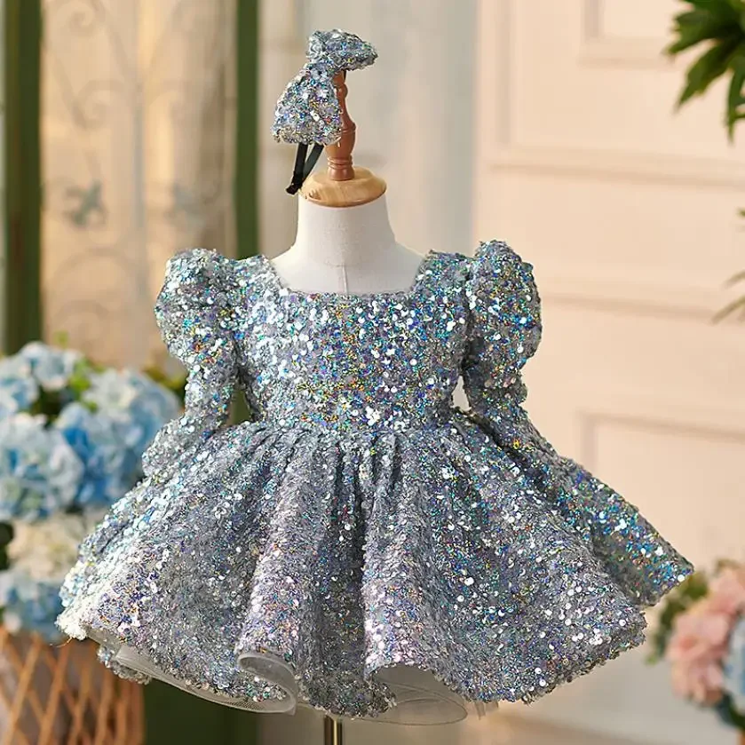 High-End Children's Princess Evening Gown Long Sleeve Sequin Design Wedding Birthday Baptism Eid Party Girls Perform Dress A3440