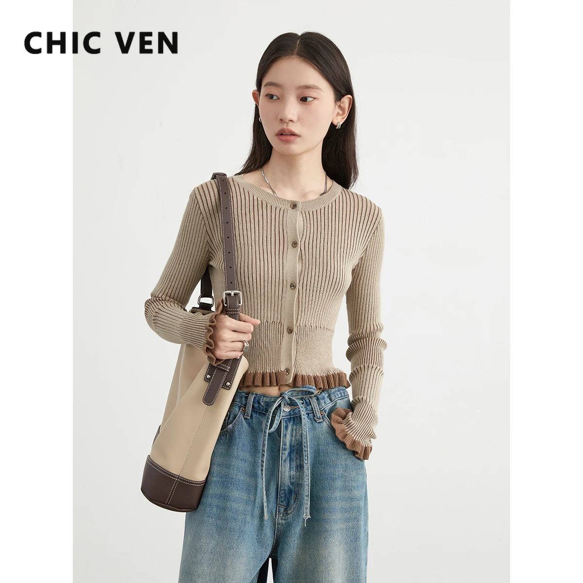 CHIC VEN Woman Cardigan Solid New Round Neck Contrast Lace Groove Knitted Sweaters Slim Fit Short Female Top Early Autumn 2024