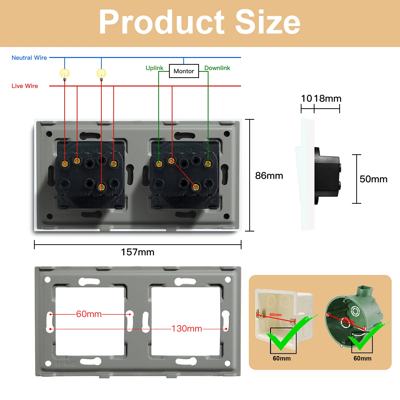 BSEED 1/2/3Gang Mechanical Light Switch 1Way Plus Curtain Push Button Roller Shutter Switch Double Blind Switches Glass Panel