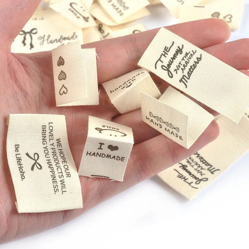 50pcs 19.5-44mm Random Mix Simple Beige Printed Labels For Clothing DIY Hats Bags Sewing Decorative Handmade Accessories C3782