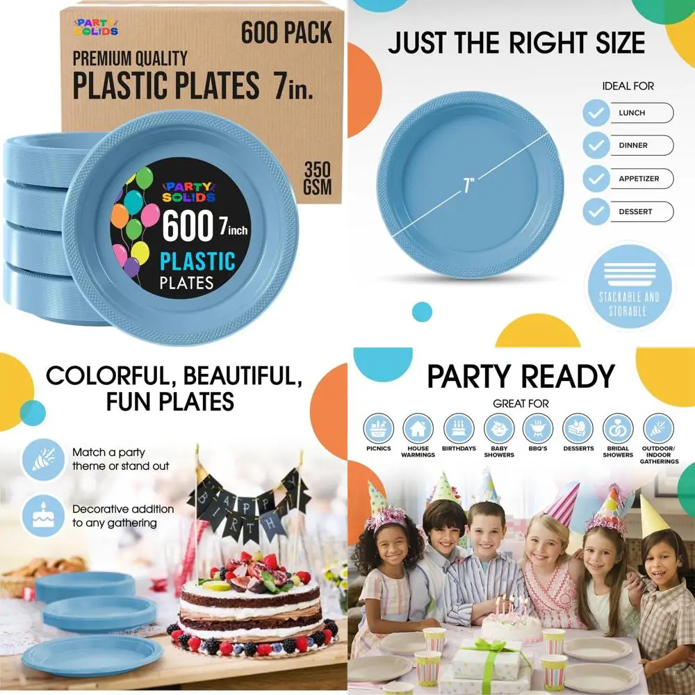 

Light Blue Plastic Plates Bulk, 7-Inch Disposable Dinnerware, 600 Count Party Supplies for Celebrations