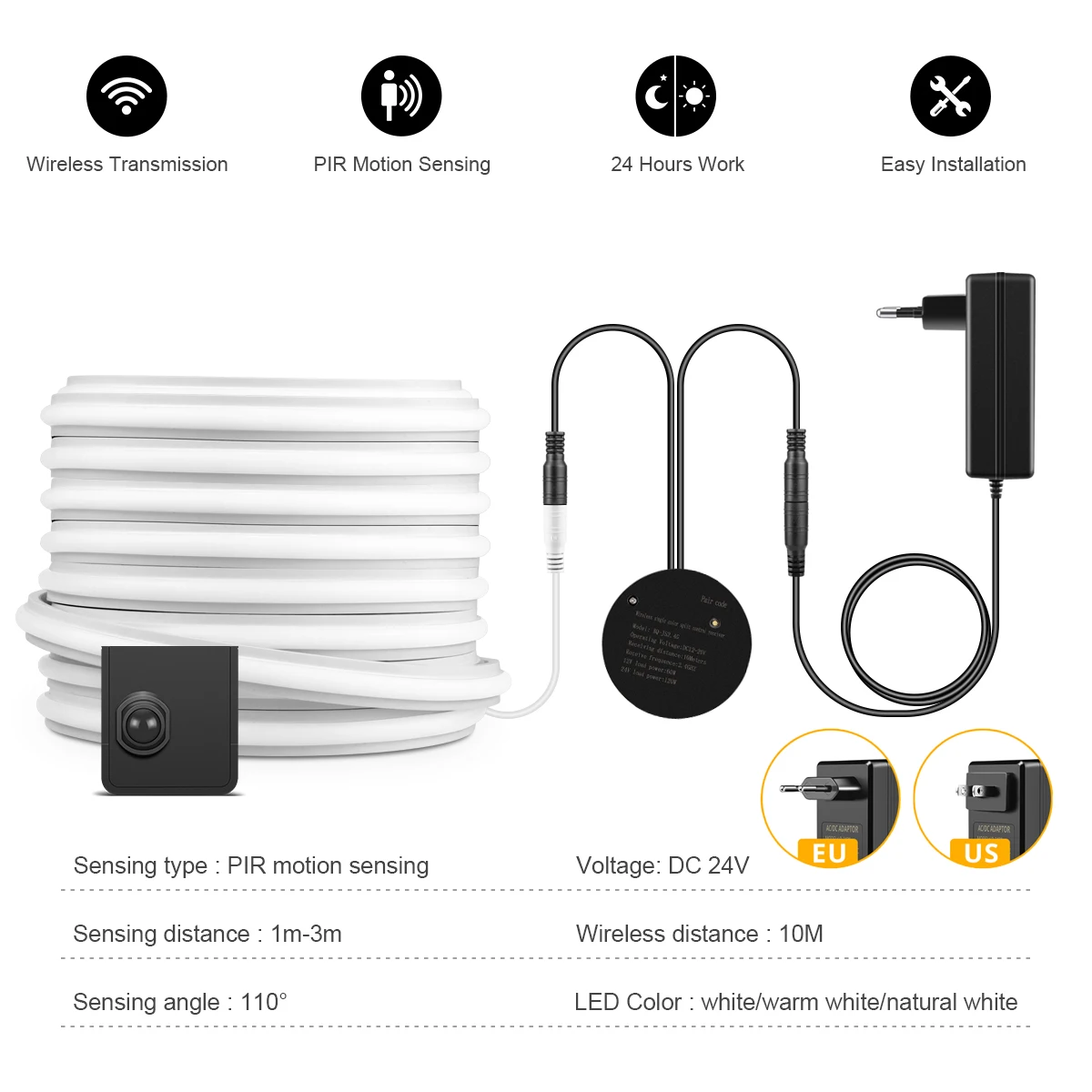 24V Wireless PlR Motion Sensor COB LED Neon Strip NightLight for Bed Bathroom Stair Hallway Lighting 3/5/10m Solid Silicone Tape