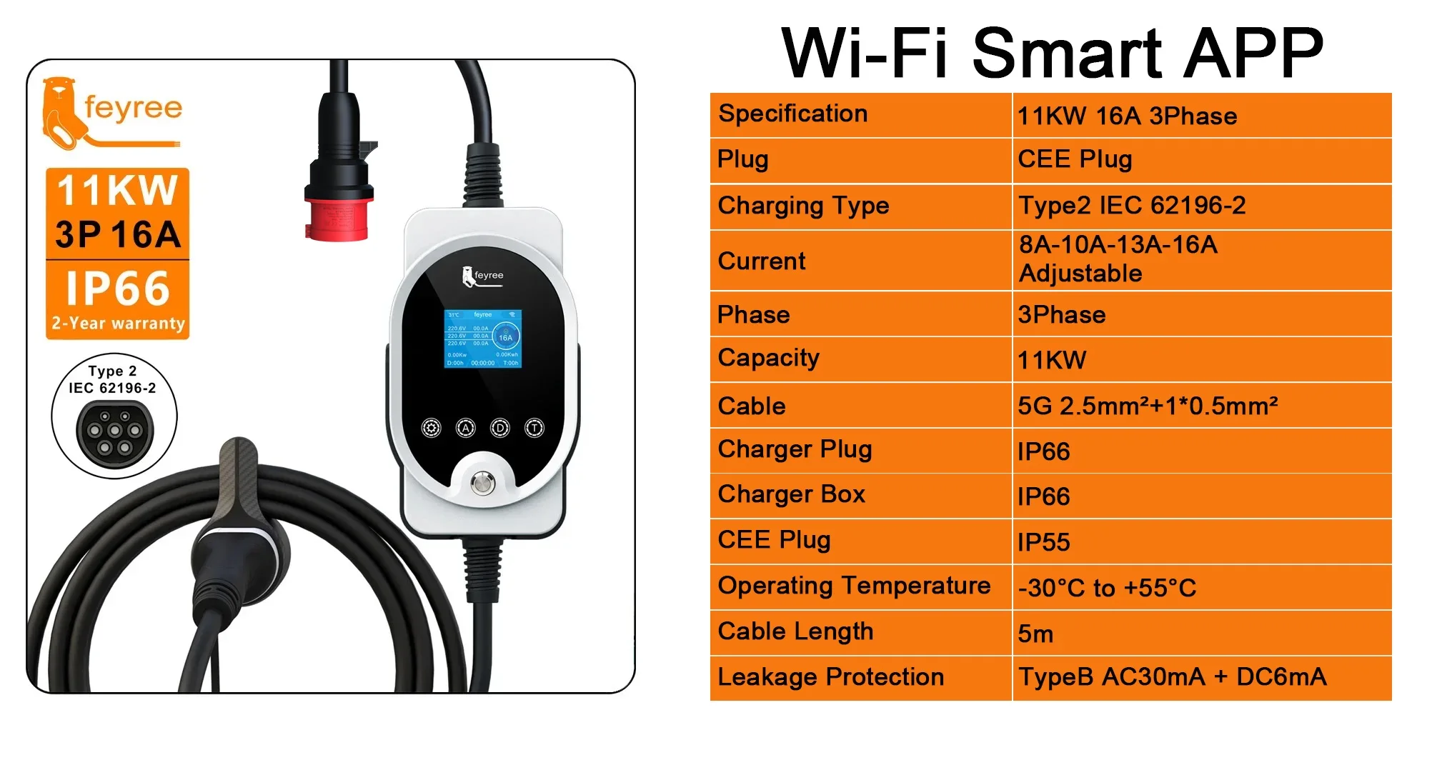 Feyree Typ2 11KW EVSE Wallbox EV Tragbares Ladegerät 16A 3Phase Wi-Fi Smart APP Control Ladestation für Elektroauto-Ladegerät – Detail 2