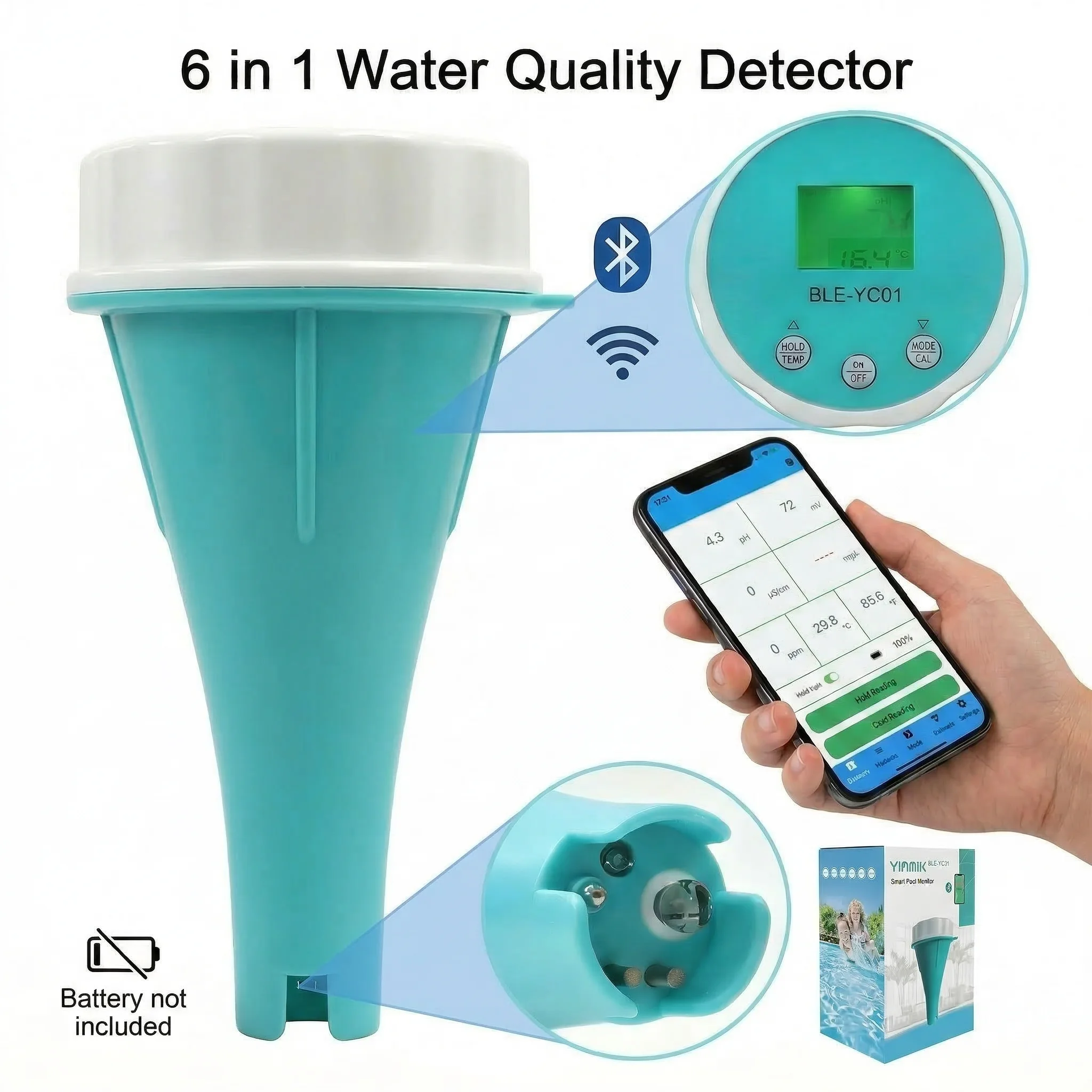 

Многофункциональный измеритель качества воды 6-в-1: pH, EC, TDS, ORP, Cl, температура. Калибровка. Тестер хлора для аквариумов. Онлайн-мониторинг через приложение для бассейнов.