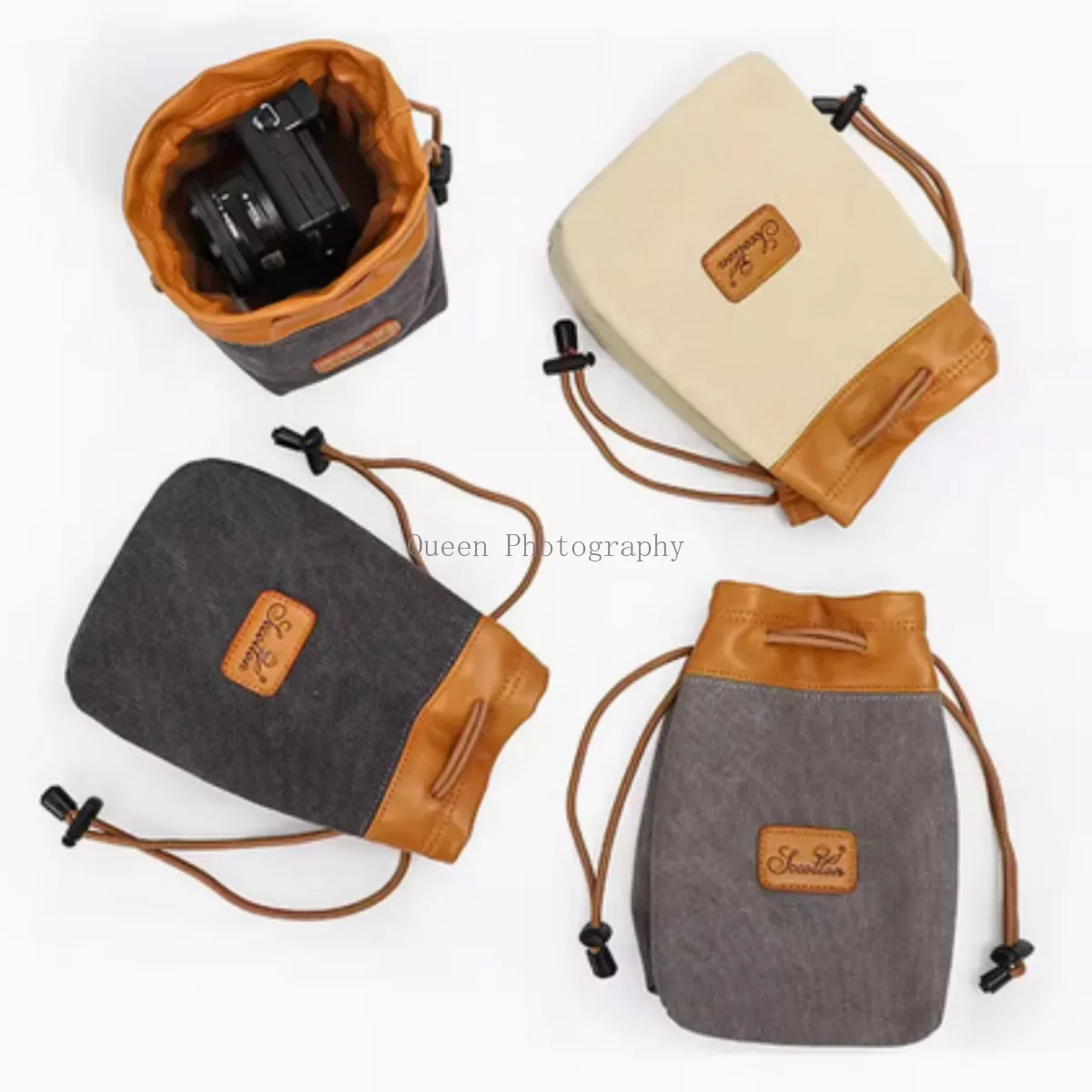 Waterproof Drawstring Canvas Camera Bag Carry Case Storage Cover Insert Pouch for Canon Nikon Sony Leica Fuji Pentax Sling Bag