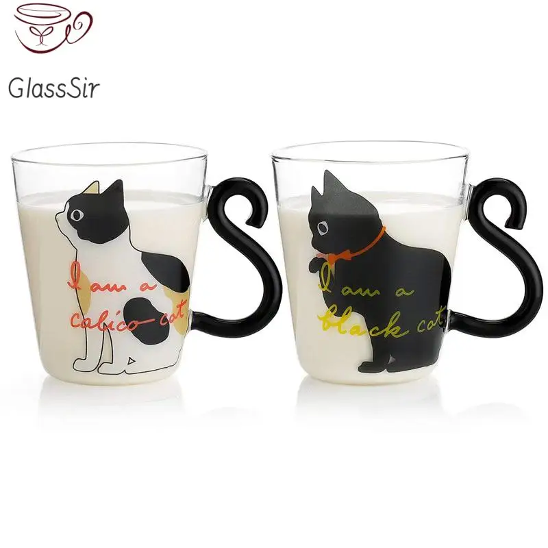 

2PCS Cat Glass Coffee Mug Cute Milk Tea Juice Water Glass Cup with Handle Home Kitchen Office Drinkware Tumbler Gift 250M