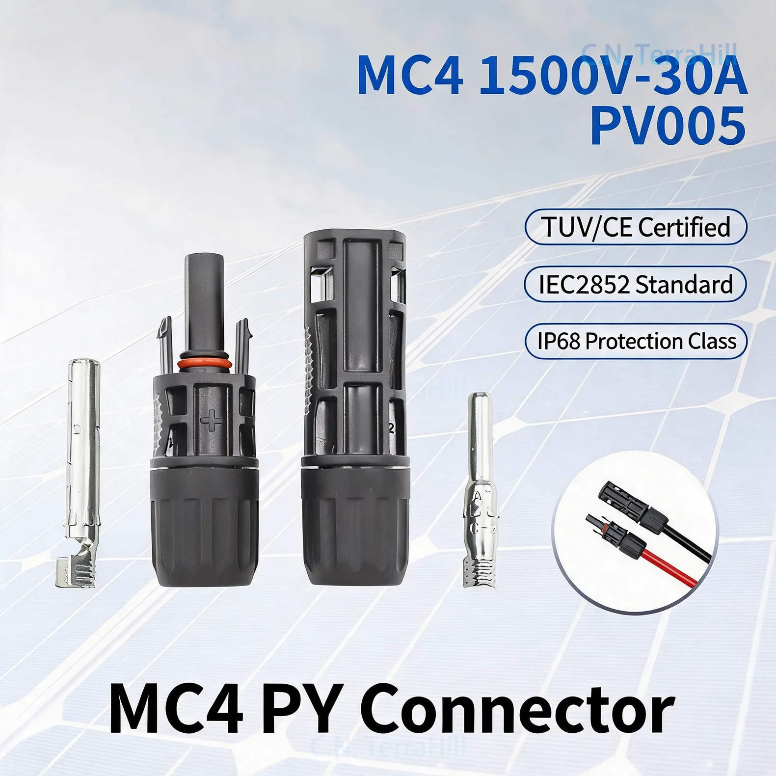 MC4 Solar Connector IP68 TUV Certified 1500V 30A Male Female PV Cable Plug for Solar Panel Module