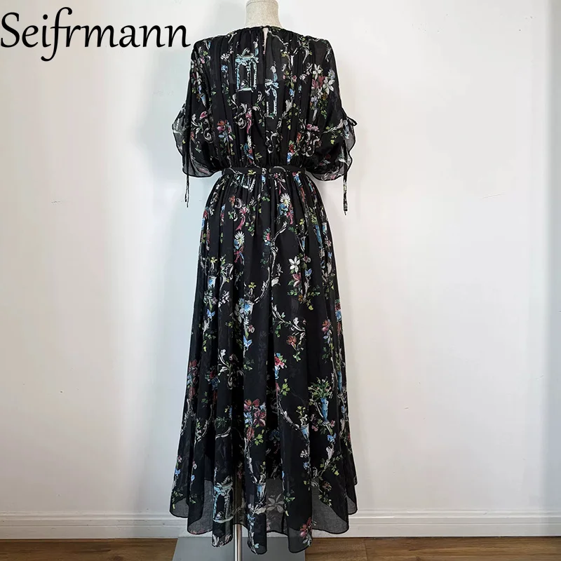 Seifrmann Stitched Drawstring Printed cotton Beach Dress Round Neck Short Sleeve Waist Long Dress 2026 Summer Women's New Style