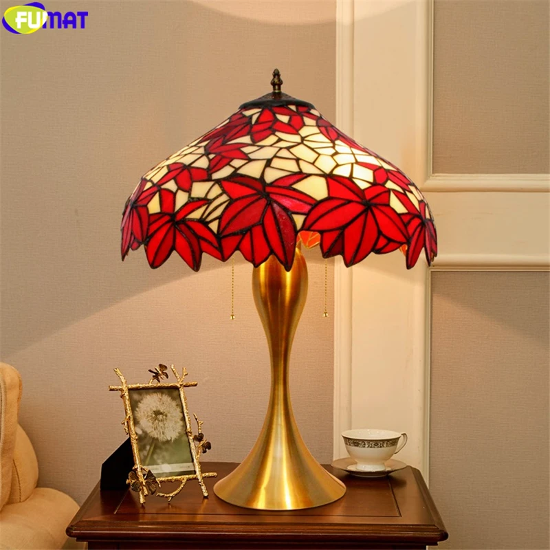 FUMAT Tiffany Style Table Lamp Red Maple Leaf Lampshade Stained Glass Desk Light Colorfull Alloy Base Decorative Handicraft Arts