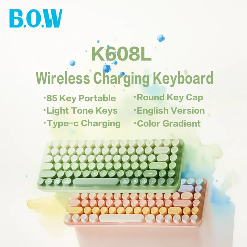 B.O.W K608DL Bluetooth Wireless Dual-mode Keyboard Charging Round Keycap Tone Key  85- key English Ver Lightweight Portable Cute