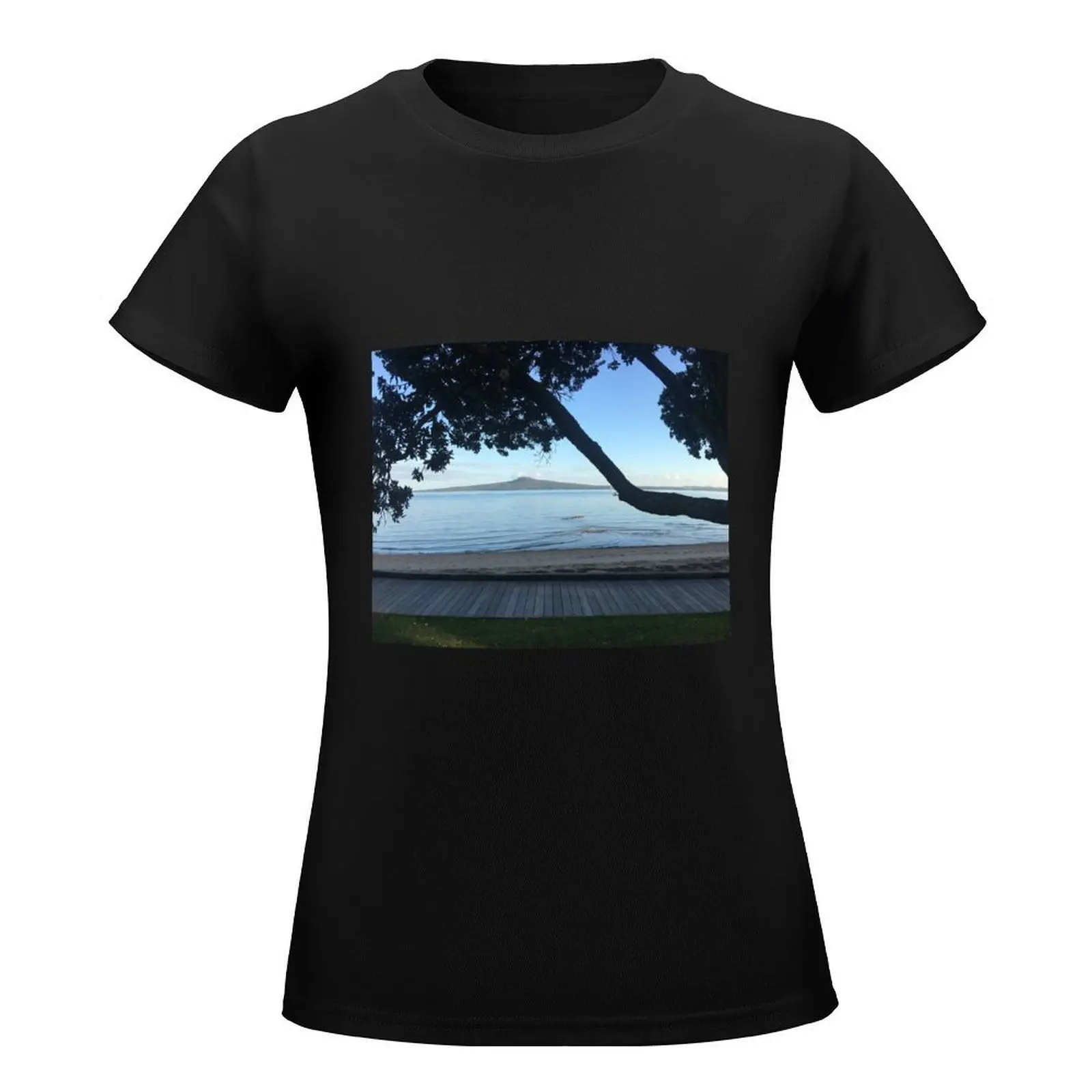 Walk along the beach looking at Rangitoto Island in New Zealand T-Shirt plus size tops hippie clothes summer blouses woman 2024