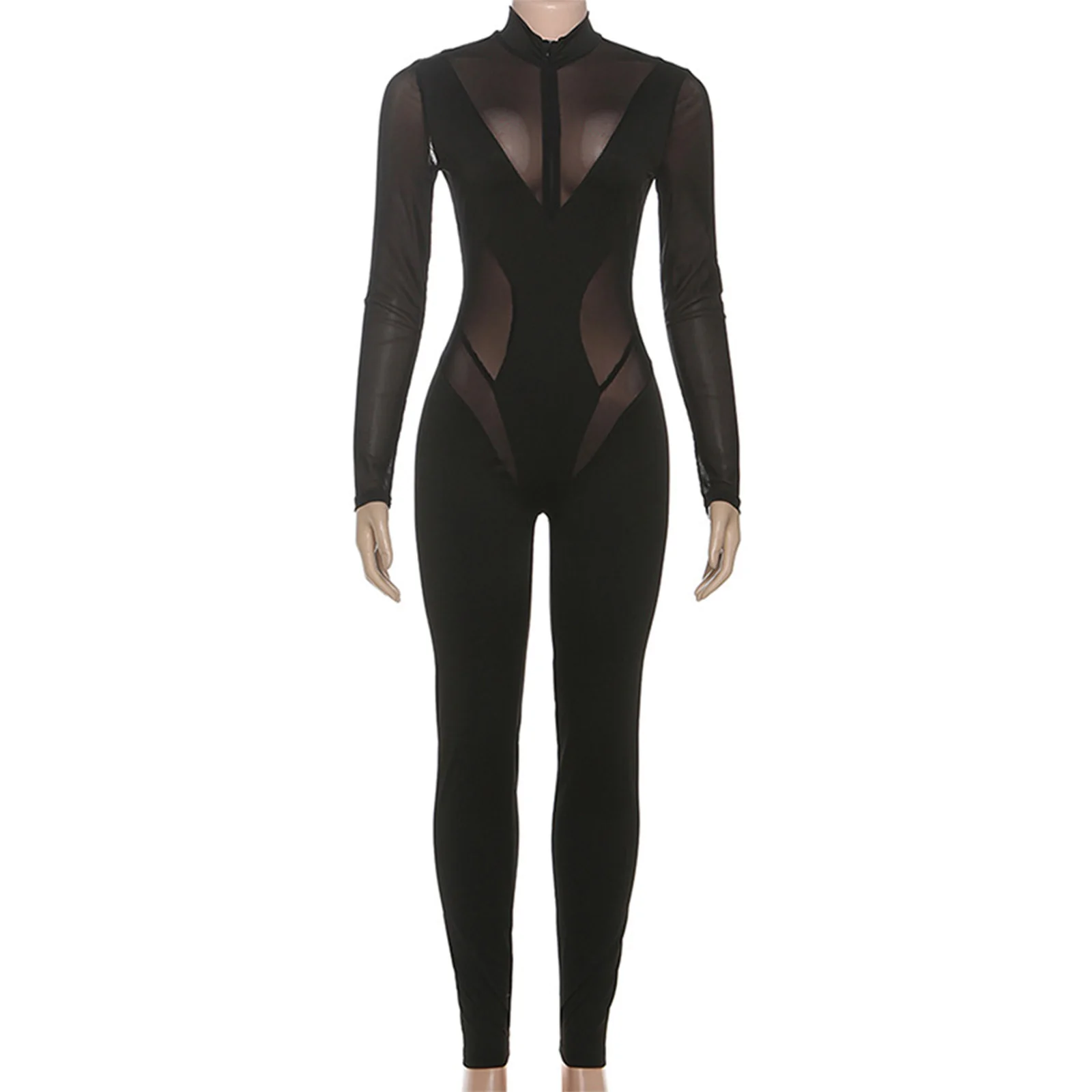 

Women Sheer Mesh Patchwork Jumpsuit Club Pole Dancewear Mock Neck Long Sleeve Front Zip Slim Bodysuit Rompers for Raves Party