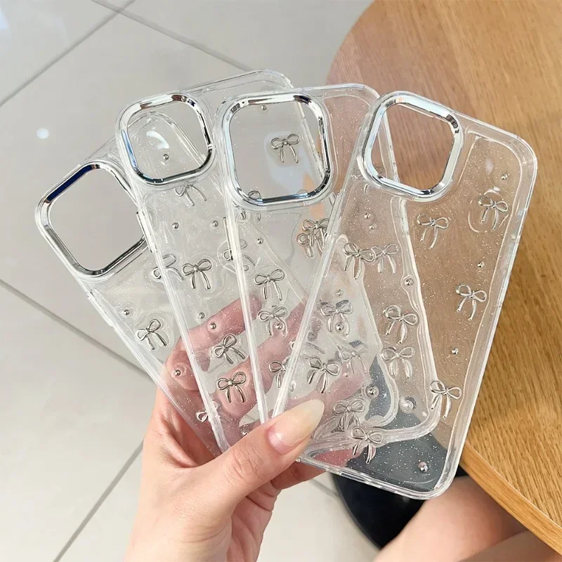 Transparent Stereoscopic Metal Bow Mobile Phone Case for IPhone 15 Plus 15 Pro Max Shockproof Bowknot Soft Clear for IPhone 15