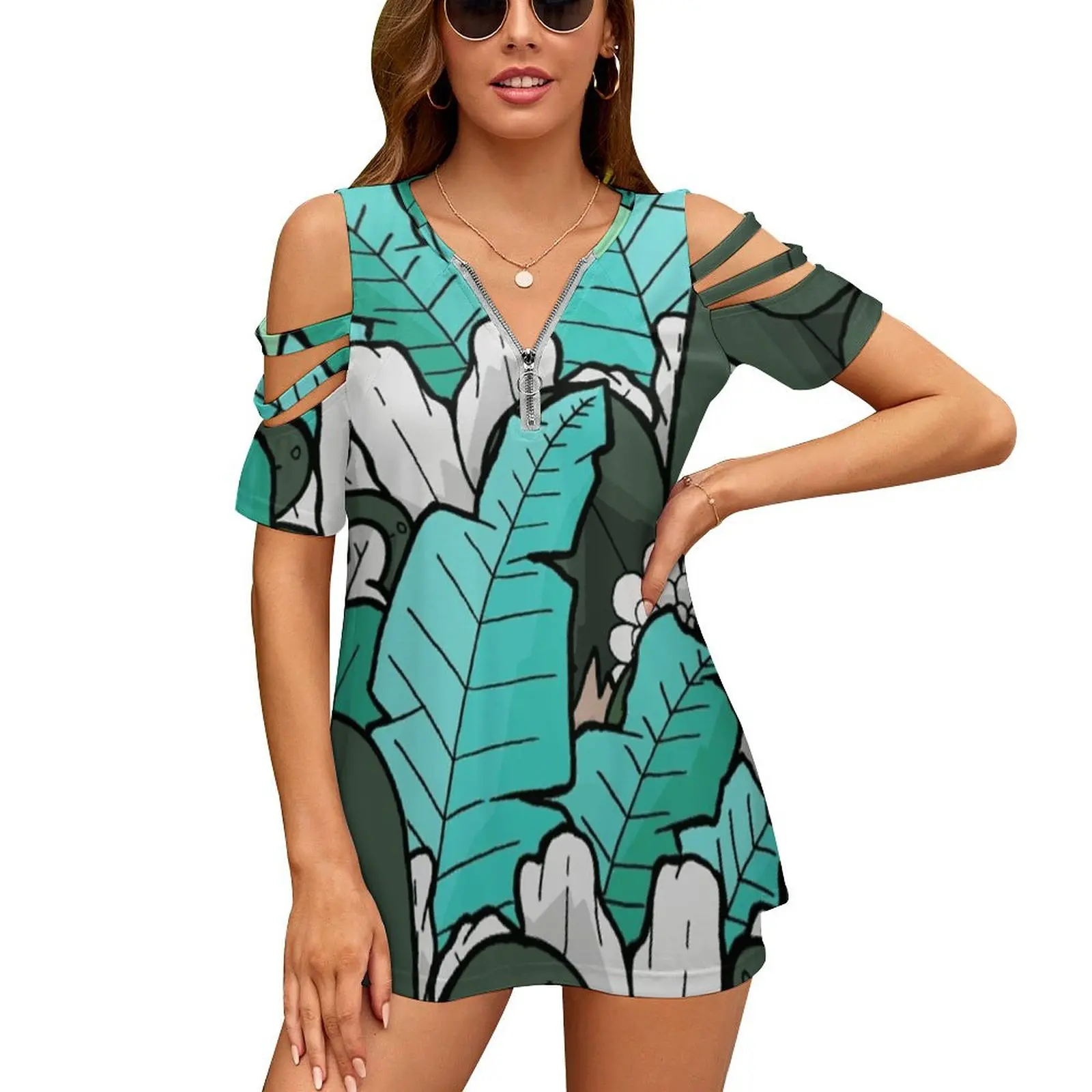 Green Jungle Leaves New Fashion Zip Off Shoulder Top Short-Sleeve Women Shirt Leaf Leaves Nature Shapes Abstract Colourful