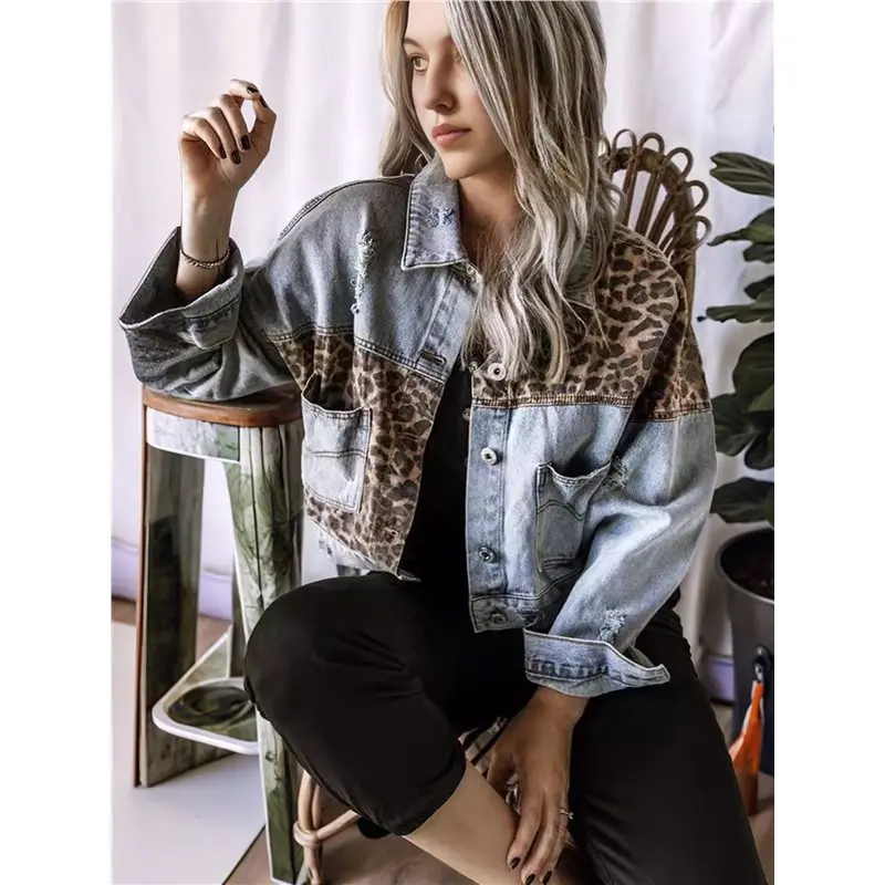 ABAH-Womens Button Down Distressed Leopard Denim Jean Jacket Washed Long Sleeve Ripped Cheetah Jean Coat
