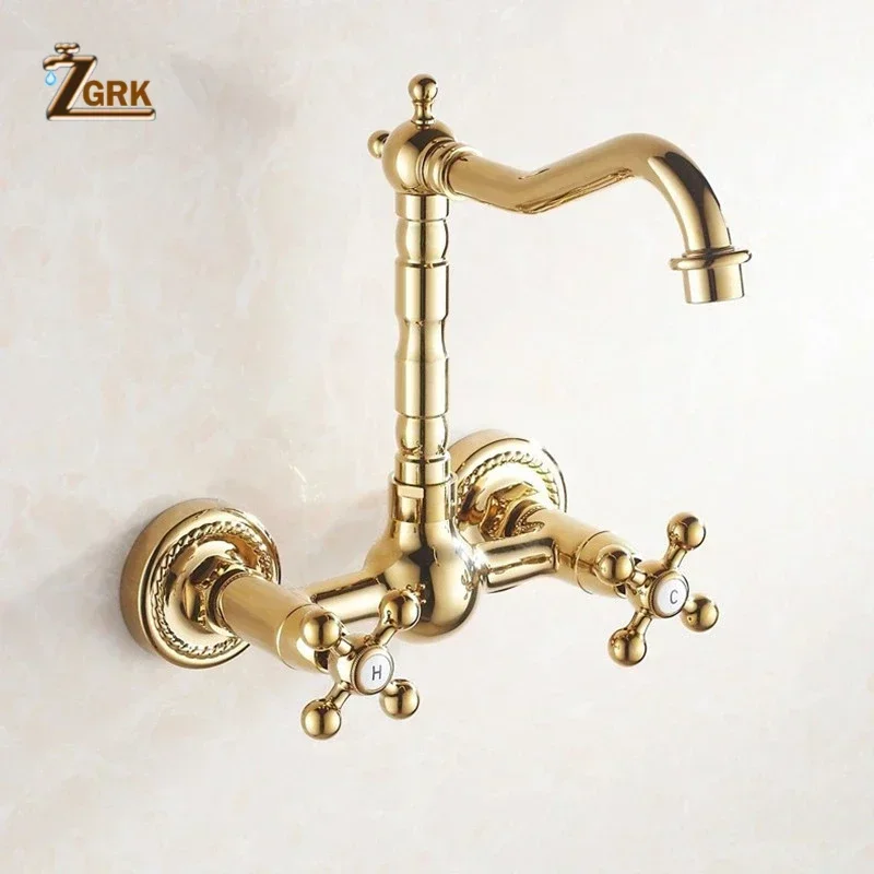 

Bathroom Basin Faucet Brass Golden Water Tap Bathtub Dual Handles Wall Mounted 360 Swivel Basin Sink Mixer Faucet