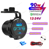 90W Aluminum USB Car Charger Dual PD3.0 & QC3.0 Power Outlet Adapter Waterproof with Touch Switch for 12-24V Boat Truck Bus RV