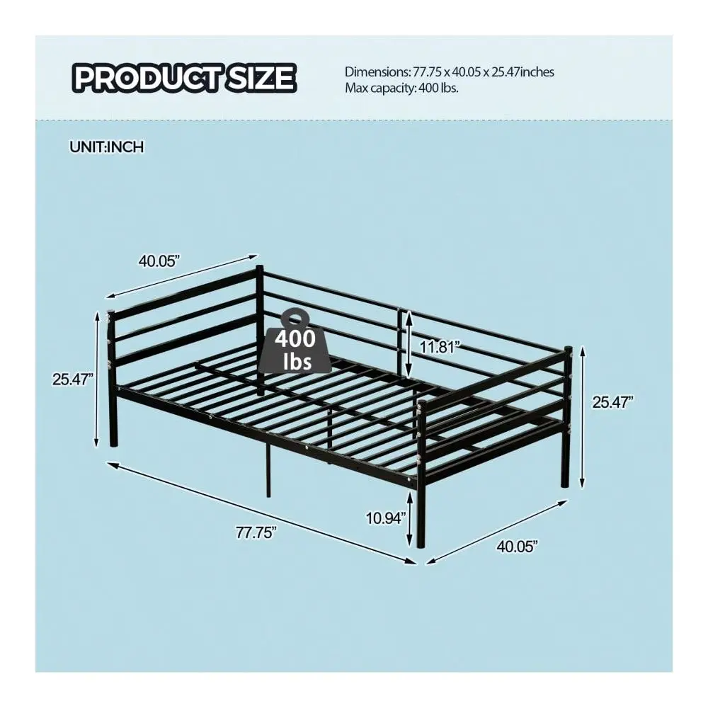 Loft Bed, SurroundAround SofaStyle Metal Bed, 11.8Inch Safety Guardrail, SpaceSaving, Black. Bed Frame Platform Bed Bed Base