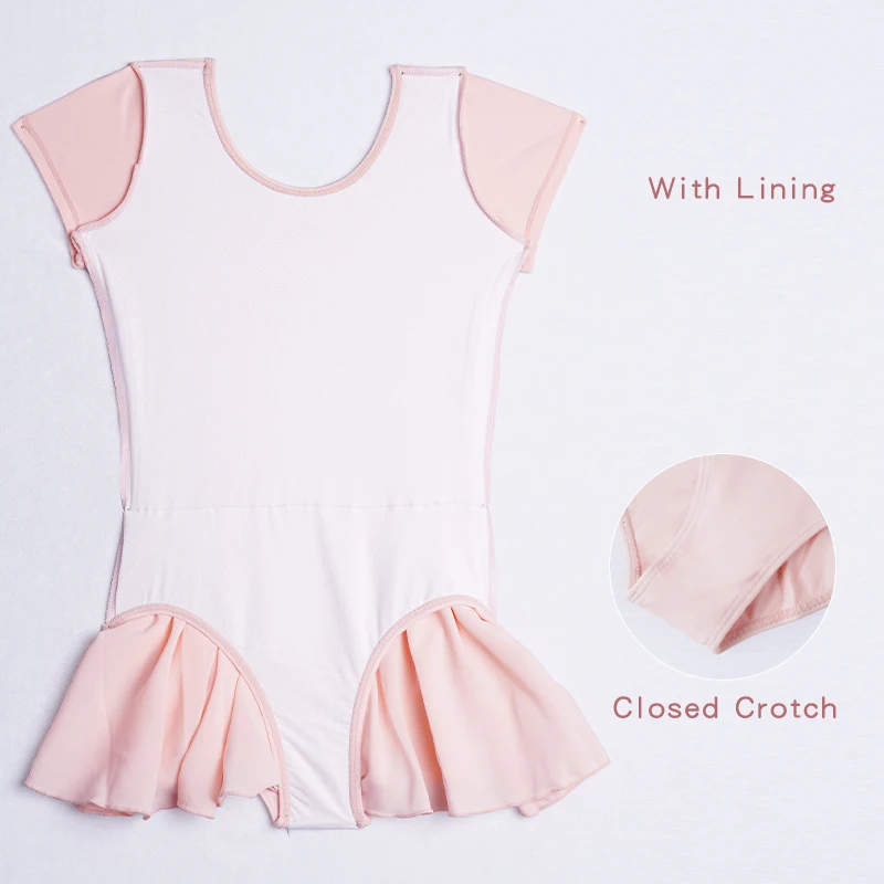 Girls Ballet Dress with Lining Toddlers Kids Leotard Dress Gymnastic Leotard With Skirt Short Sleeves Dance Dress Closed Crotch