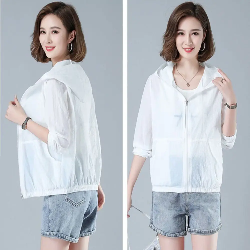 Solid Color Thin Sunscreen Clothing Anti UV Sun-Protective Leisure Hooded Outwear Loose Waterproof Women's Coat Women