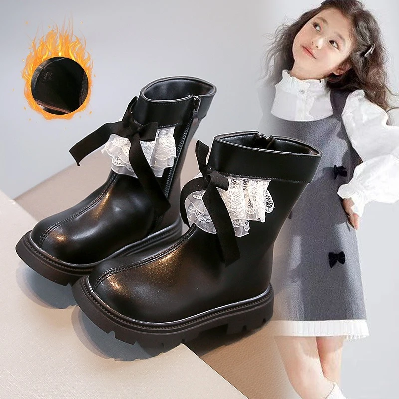 

Kids Ankle Boots Sweet Lace Children Leather Boots Princess Style Soft Bottom 2025 Autumn Winter New Girls Short Boots Round Toe