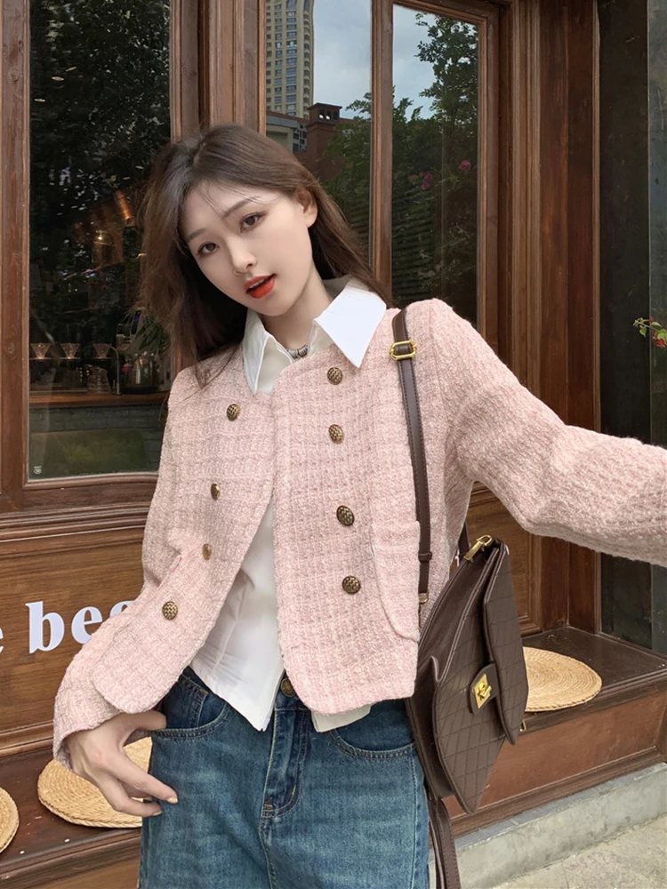 

Zoki розовая тонкая твидовая куртка женская винтажная элегантная короткая куртка с длинным рукавом осень с круглым вырезом женские французские милые маленькие ароматные топы