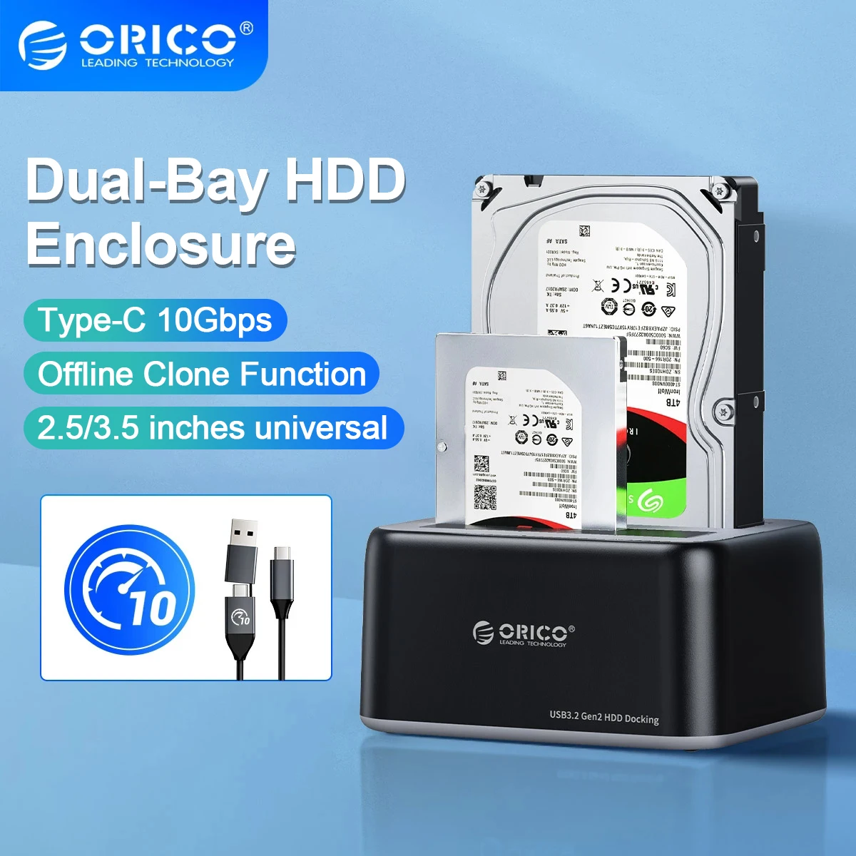 

ORICO HDD Enclosure 2.5/3.5 SATA to Type-C 10Gbps Hard Drive Docking Station with Offline Clone 12V3A Power Adapter for HDD/SSD