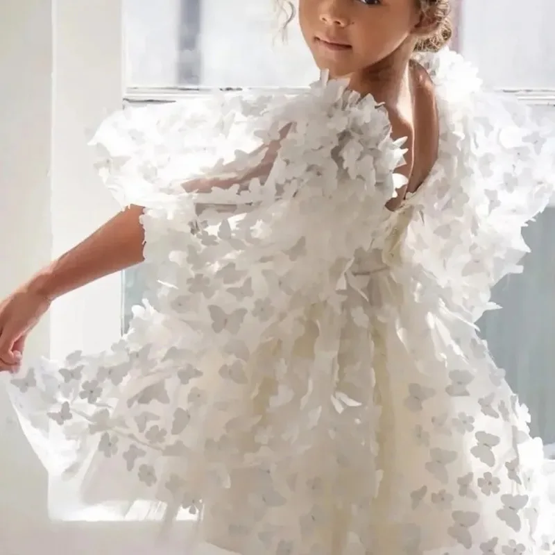 

Children's bubble sleeve dress with three-dimensional butterfly design, mesh fluffy princess dress, backless performance outfit