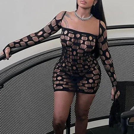 

Rock style Dress Erotic Lingerie Women Underwear Fashion Long sleeved Babydolls Club lenceria Mini Nightdress Fishnet Chemises