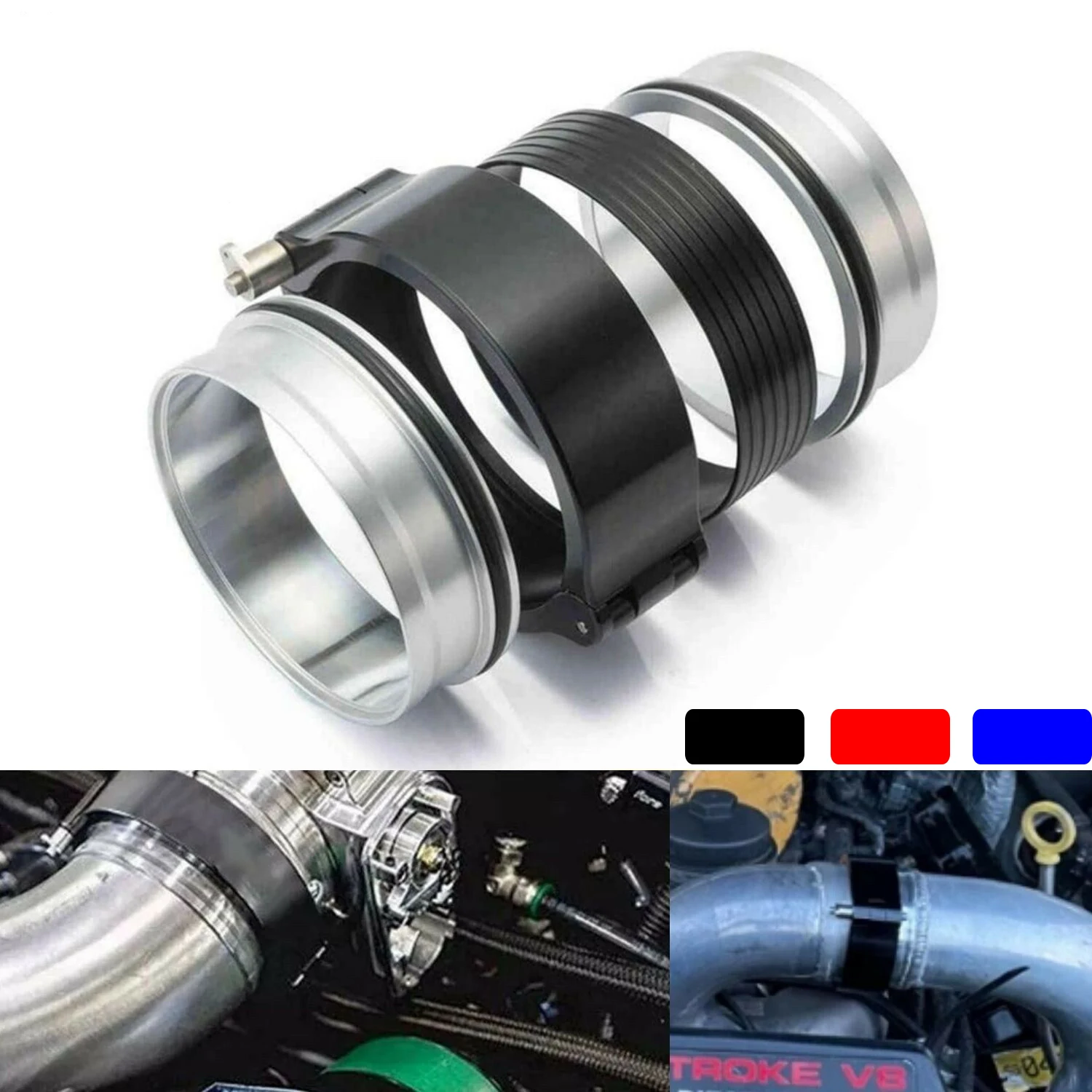 4'' 102mm Aluminum Quick Release HD V-Band Clamp Kit for Intake Intercooler Pipe Black Red Blue