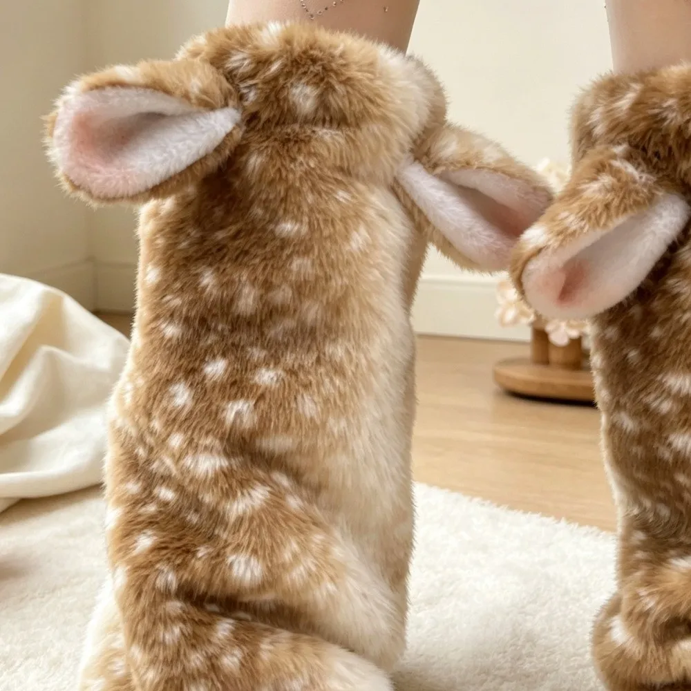 Soft Thickened Deer Ear Leg Warmers High Tube Versatile Boot Covers Fawn Print Socks For Women