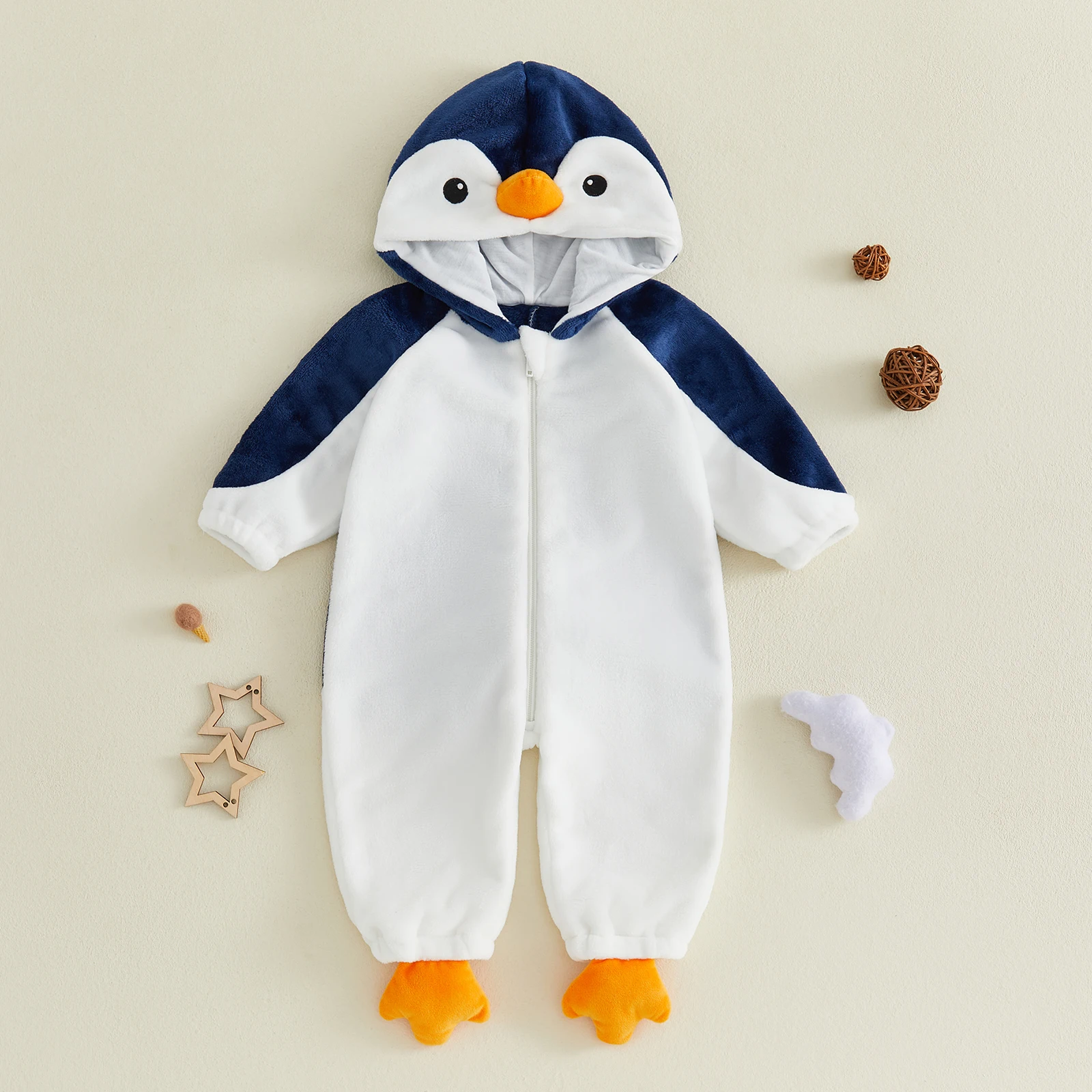 Toddler Boy Animal Costume Baby Penguin Costume Fleece Long Sleeve Zip-up Hooded Romper Halloween Cosplay Jumpsuit Party