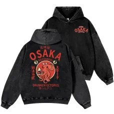 Men Women Casual Pullover Hoodie Long Sleeve Retro Japanese Octopus Graphic Logo Loose Streetwear Hooded Sweatshirt Kids