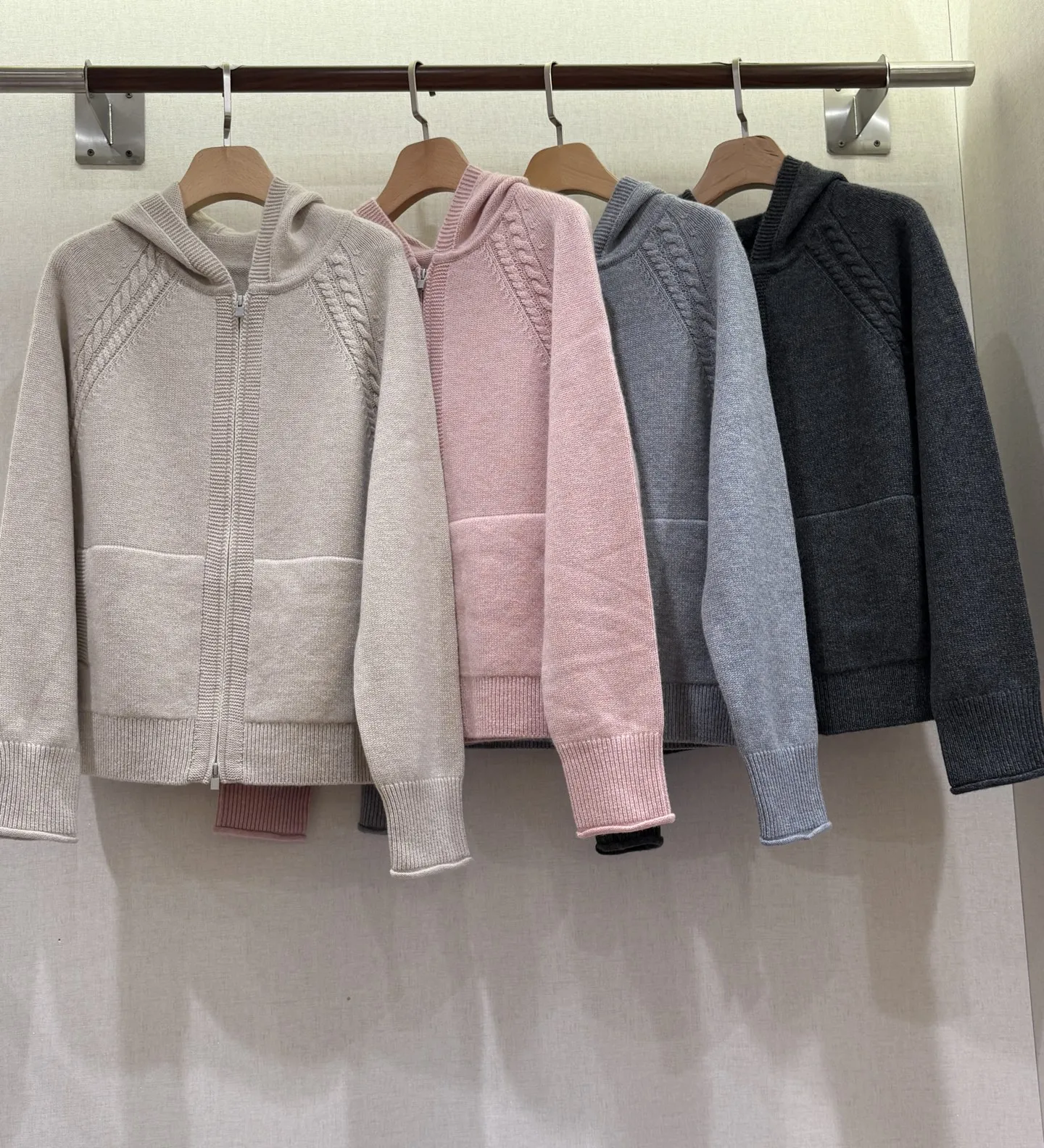 New Autumn/Winter High-Quality Cashmere & Wool Hooded Zipper Knit Cardigan + Elastic Waist Knit Wide-Leg Pants For Women