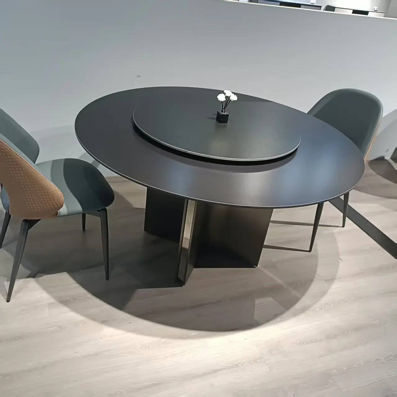 Designer black rock slab dining table round table with turntable round rotating round home