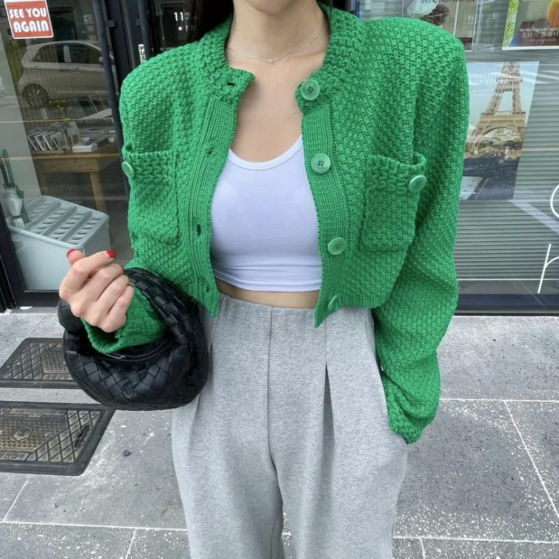 Women's 2026 Autumn Winter Korean Chic Vintage Soft Round Neck Double Pocket Single Breasted Cropped Knit Cardigan Sweater Coat