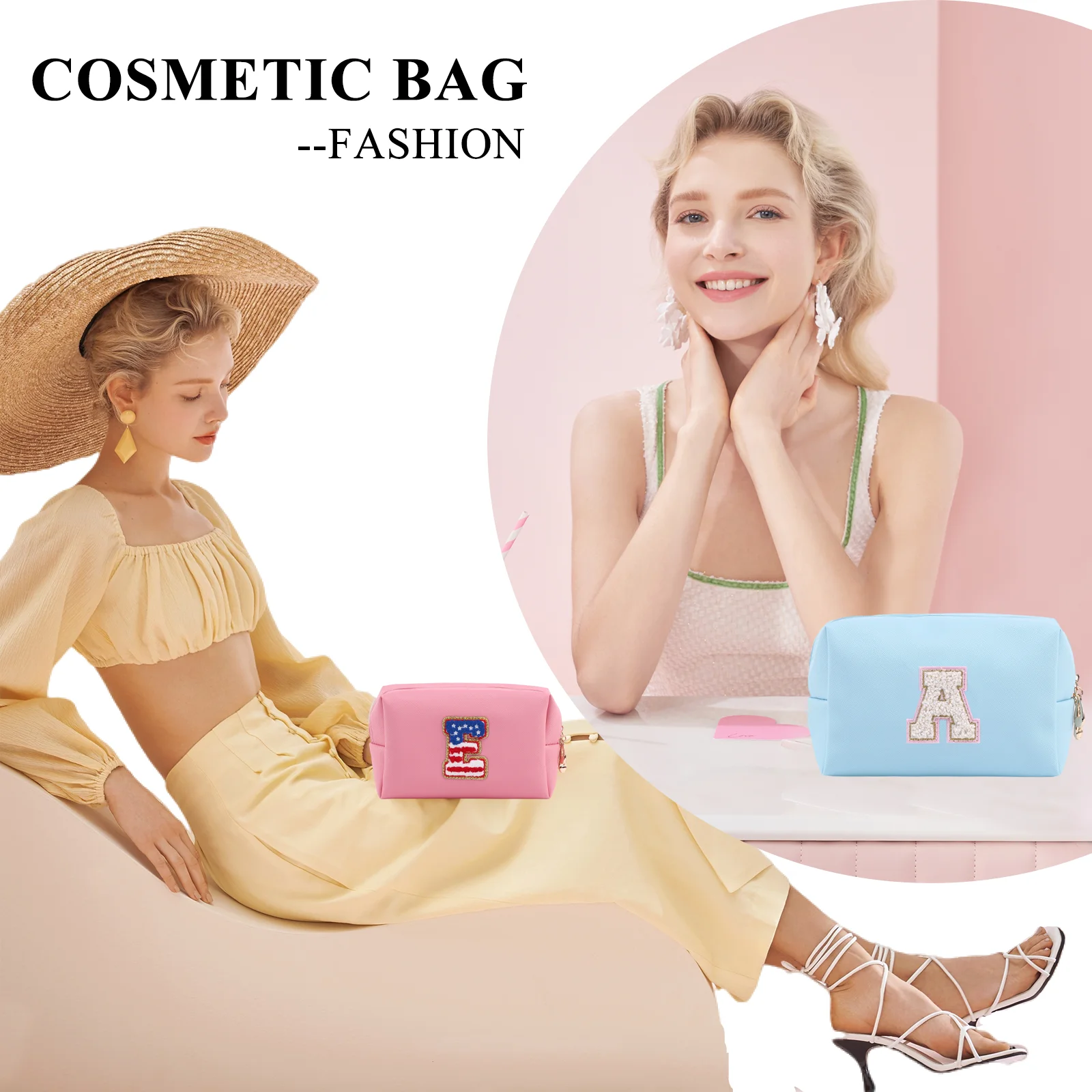 Borsa per il trucco iniziale personalizzata borse per cosmetici con cerniera a lettera carina per le donne, borsa per il trucco Preppy Organizer per