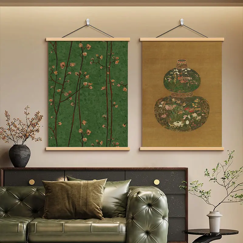 Mid Century Wabi Sabi Wall Art Scroll Aesthetic Room Decor Dark Green Floral Painting for Living Room Sofa Background