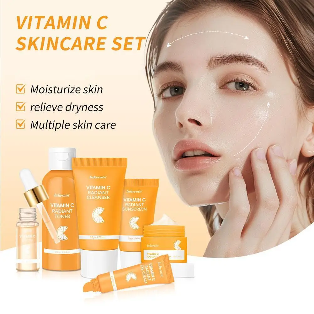 

6pcs/set Vitamin C Skin Care Set Deep Cleansing Facial Cleanser Face Cream Moisturizing Anti Wrinkles Face Care Kit Gift Box