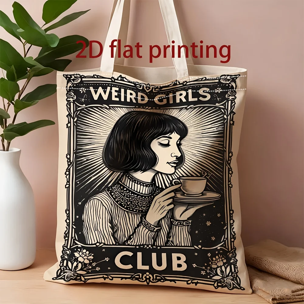 

1 шт. винтажная готическая сумка для покупок с надписью "WEIRD GIRLS CLUB", подходит для ежедневного использования, походов за покупками, посещения школы и путешествий, оригинальный и стильный подарок.