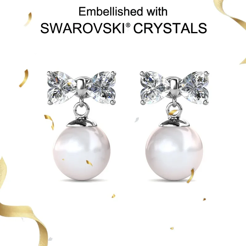 

Daisini 925 Sterling Silver Bow 10mm Pearl Stud Earrings with Swarovski Crystals 18k White Gold Plated Elegant Gift for Her