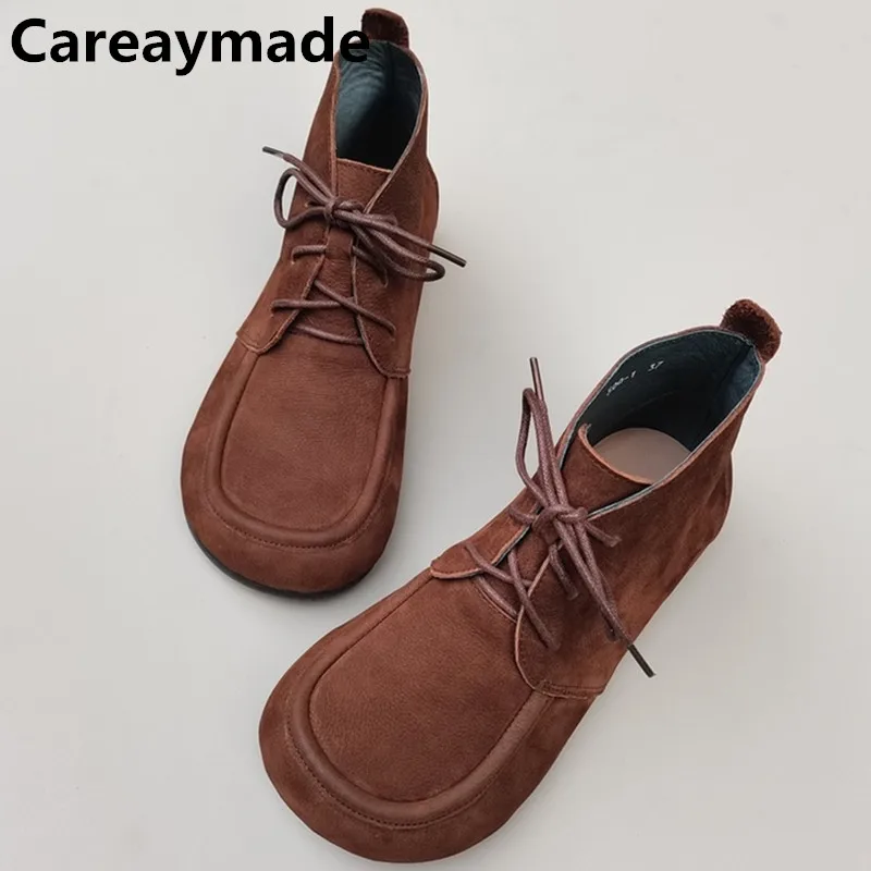 

Careaymade-Genuine leather pure cowhide lace up women's short boots,New big head loose fat feet British original single shoes